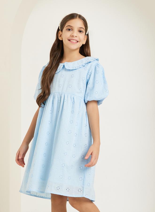 Styli Girls Blue Schiffli Puff Sleeve Midi Dress - Image 1